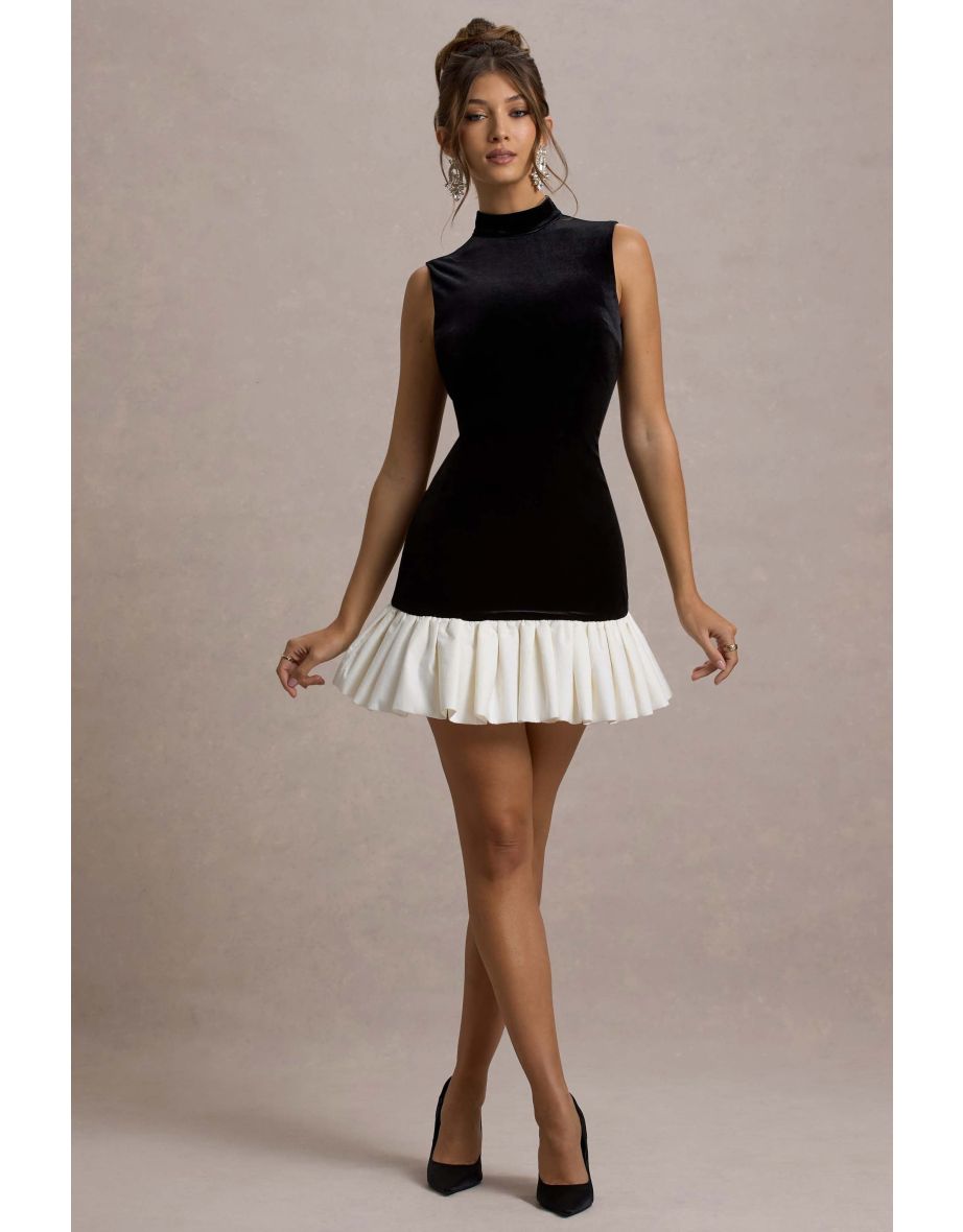 Baxter | Black & White Velvet Mini Dress With Satin Ruffle Trim