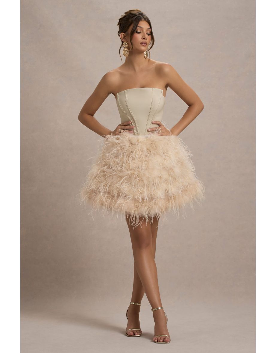 Peaches | Champagne Strapless Mini Dress With Volume Feather Hem