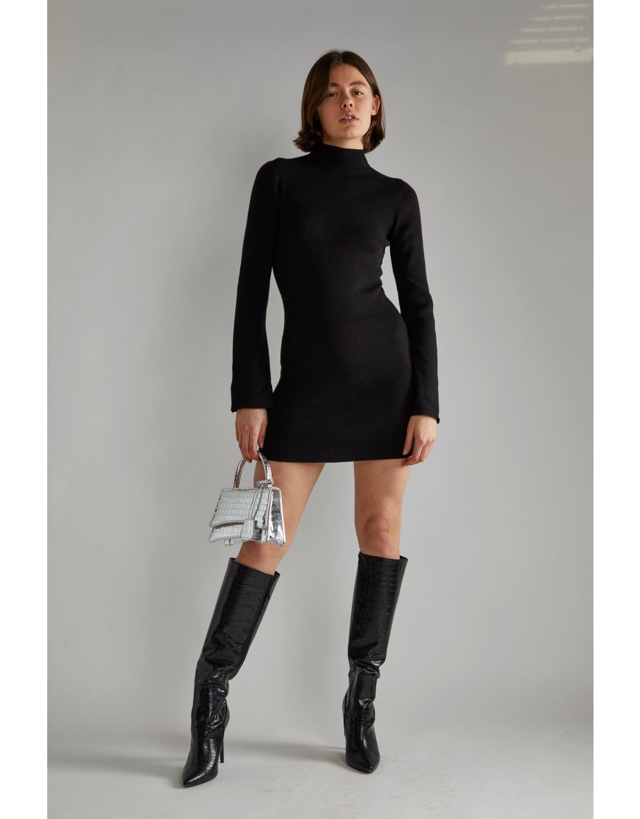 Black Flared Sleeve Knitted Mini-Dress - 3