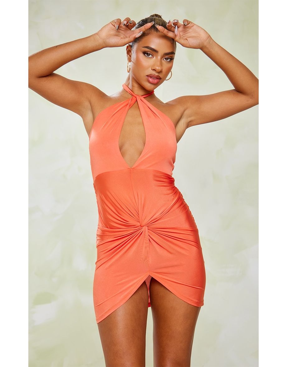 Shop Tangerine Slinky Cut Out Knot Detail Halter Bodycon Dress Online in Oman VogaCloset