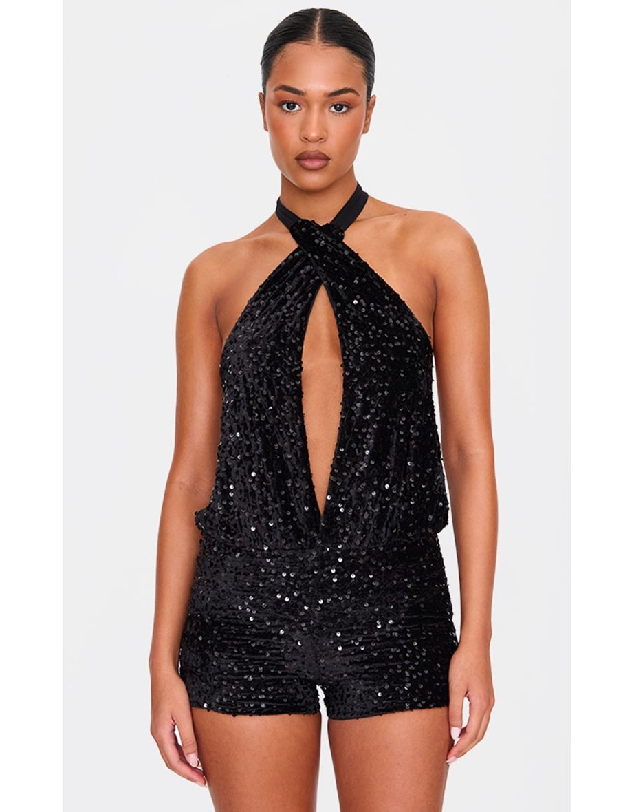 Tall Black Velvet Sequin Halterneck Playsuit