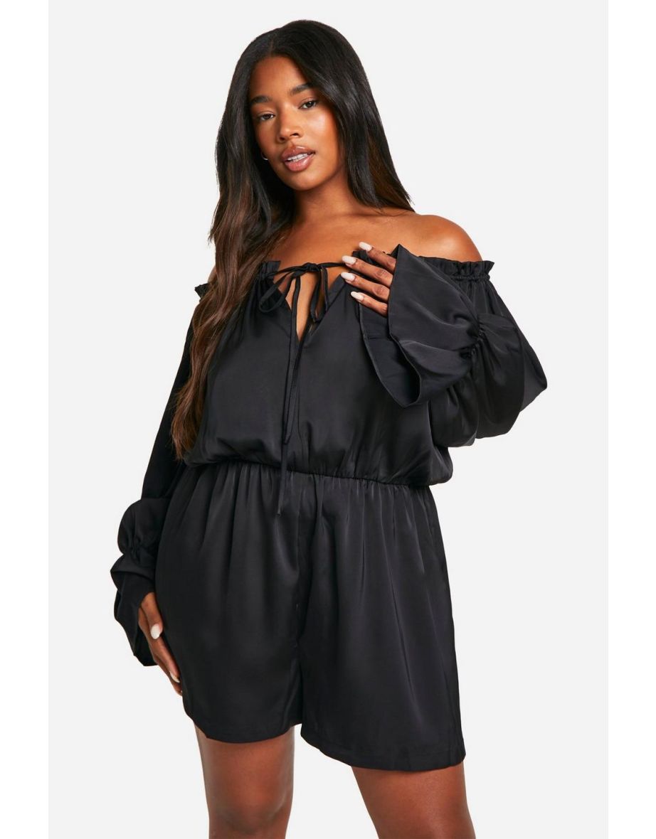 Plus Satin Off Shoulder Skater Playsuit - black
