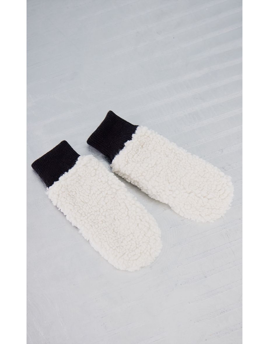 Cream Borg Contrast PU Mittens - 2
