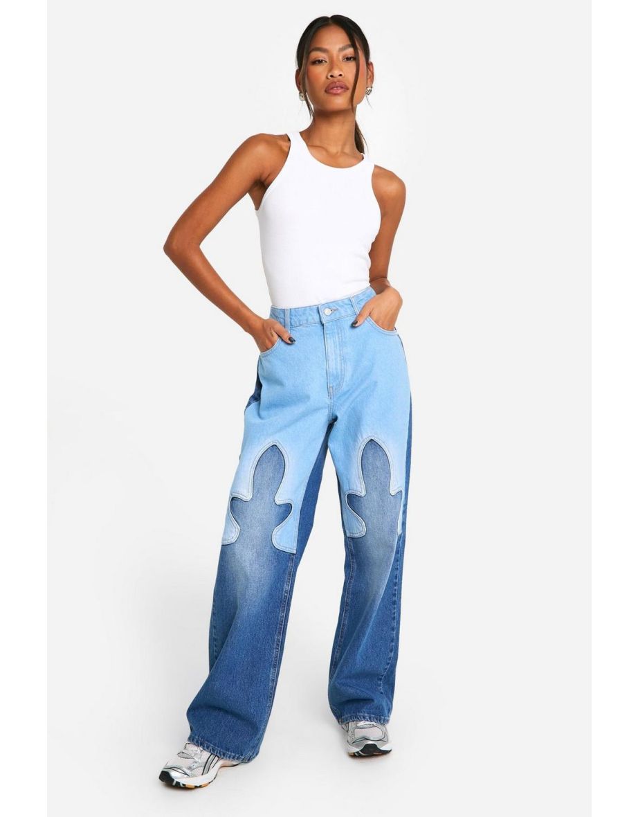 Western Detail Contrast Colour Block Wide Leg Jean - denim-blue