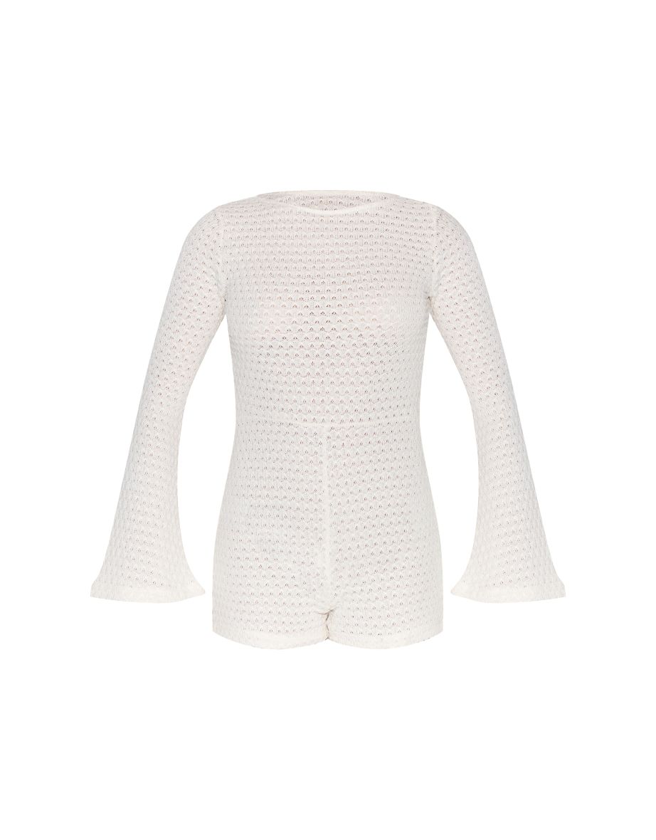 Petite Cream Textured Jersey Long Sleeve Unitard - 4