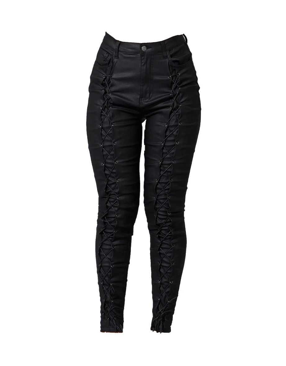 Black Lace Up Front Coated Skinny Jeans - 4