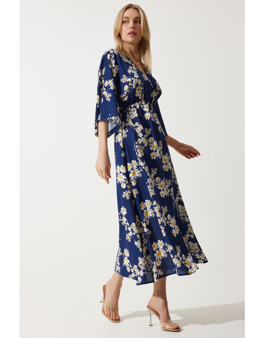 Women's Navy Blue Yellow Wrap Collar Patterned Summer Viscose Dress - 4