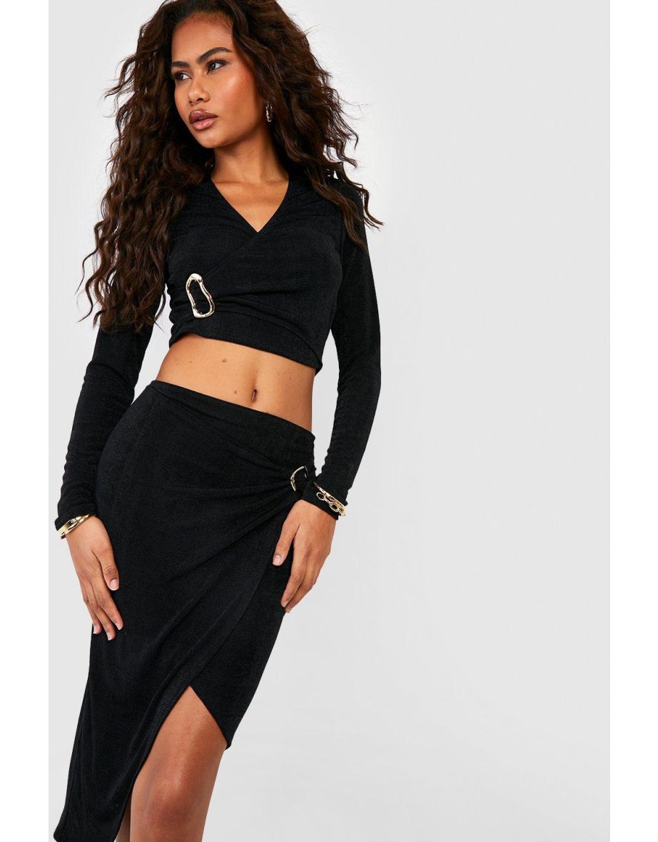 Wrap Over Metal Ring Crop Top - black - 3