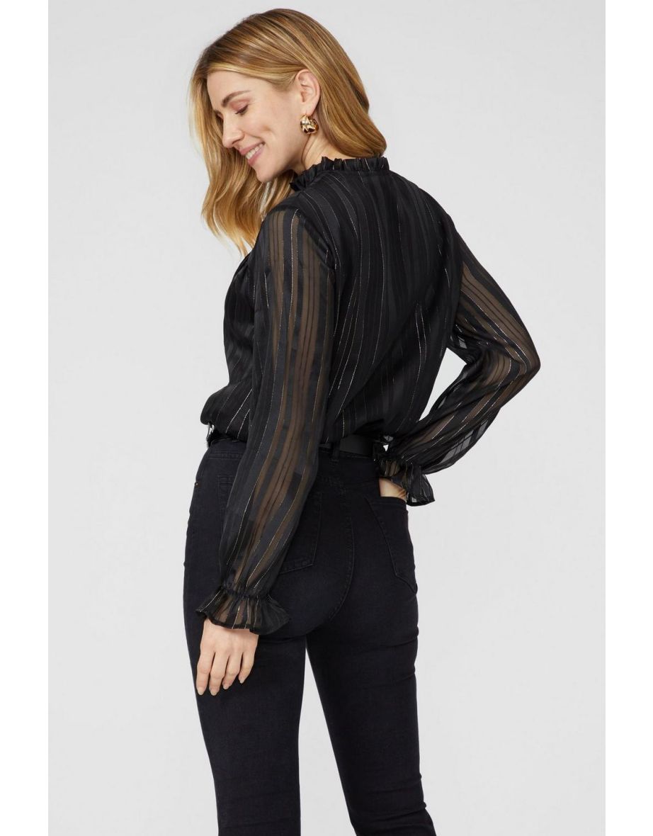 Lace Trim Metallic Frill Neck Button Through Blouse - black - 3
