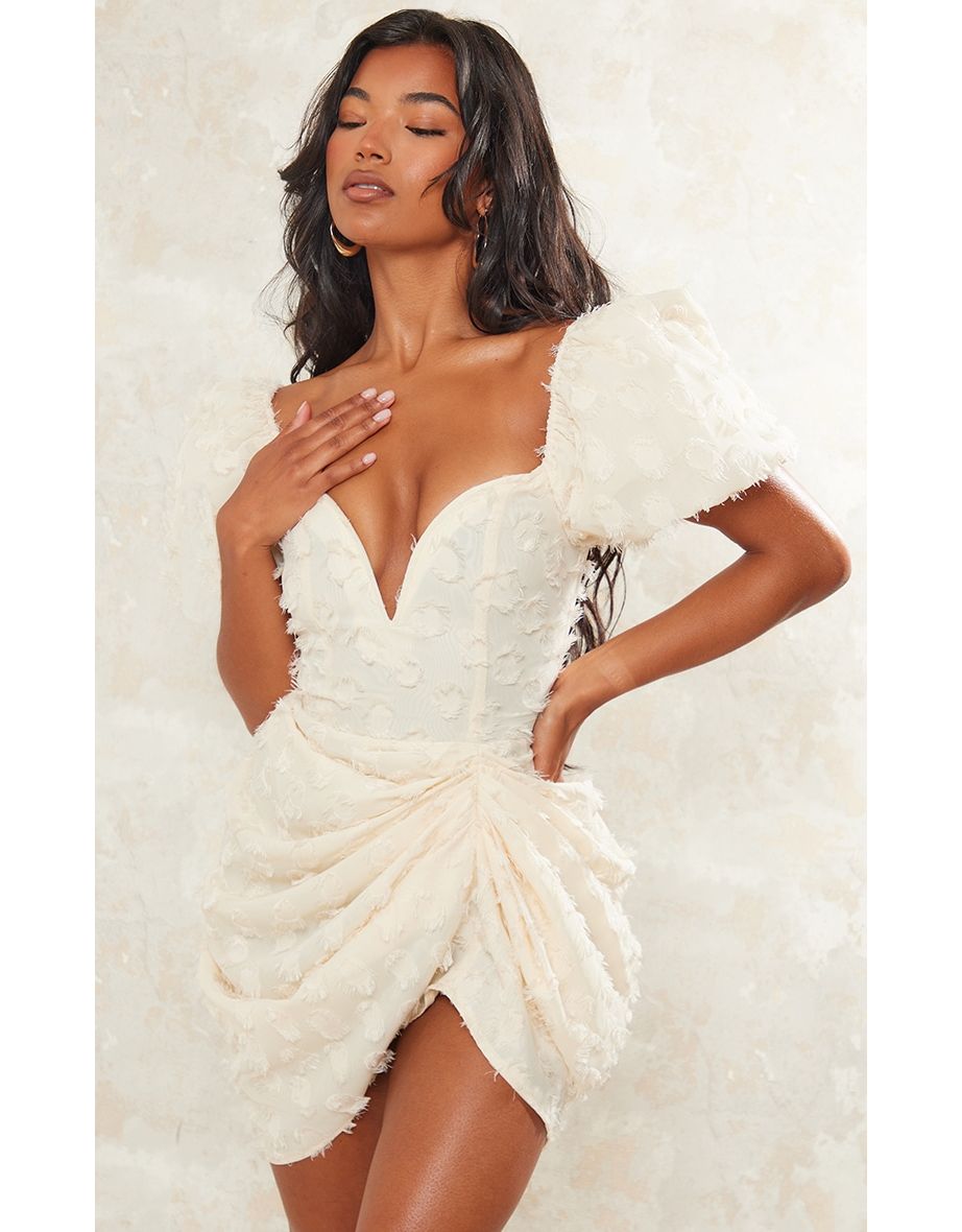 Cream Textured Underwired Plunge Drape Bodycon Dress