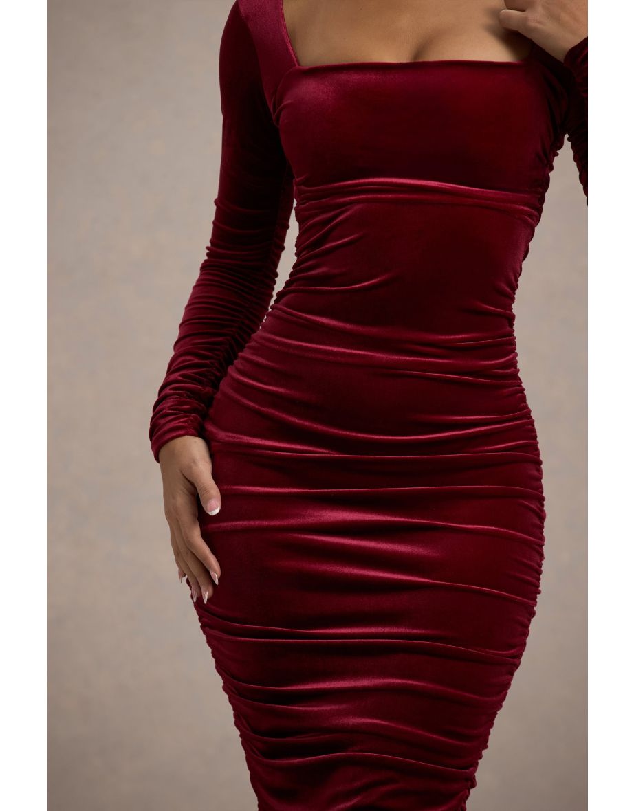 Seductress | Berry Velvet Square Neck Bodycon Midi Dress With Long Sleeves - 6