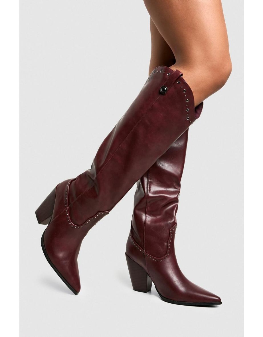 Western Studded Detail Boots - burgundy