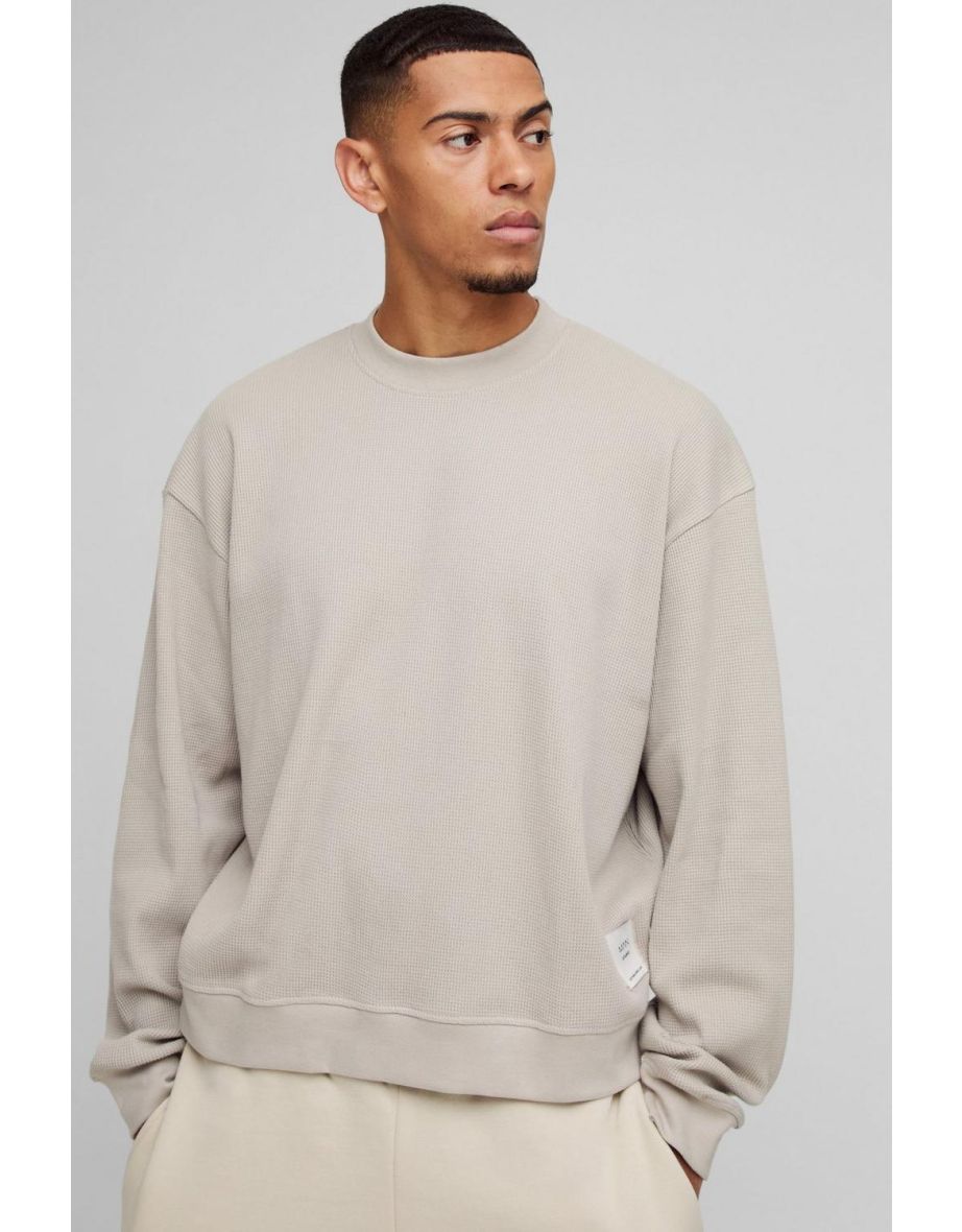 Extended Neck Boxy Man Woven Tab Waffle Sweatshirt - stone