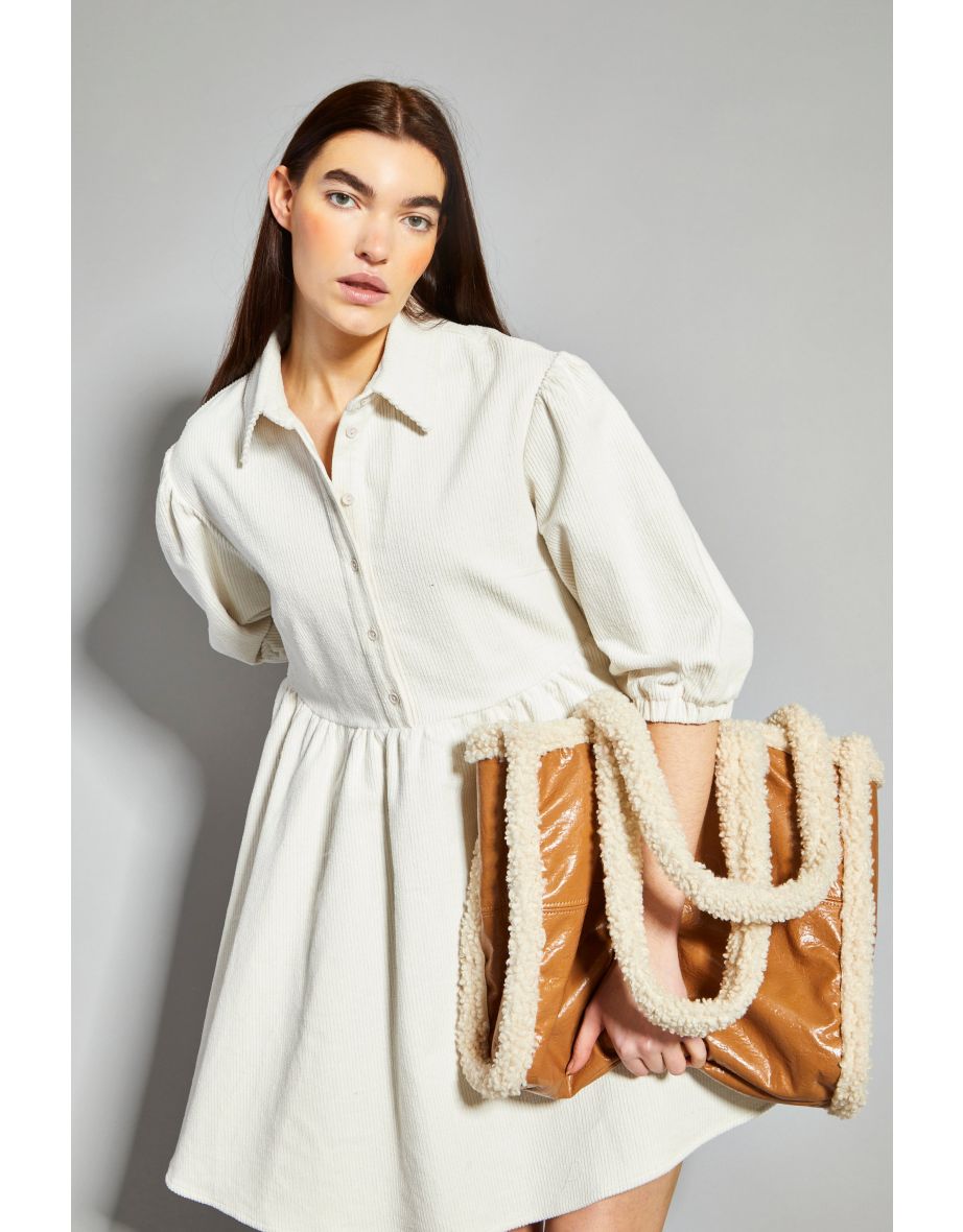 Glamorous Cream Corduroy Puff Sleeve Skater Shirt Dress - 3