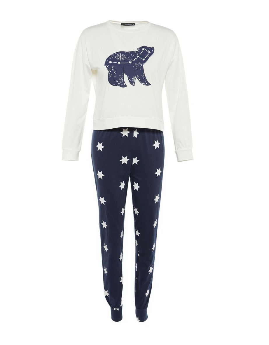Multicolor 100% Cotton Star Pattern T-shirt-Jogger Knitted Pajamas Set - 7