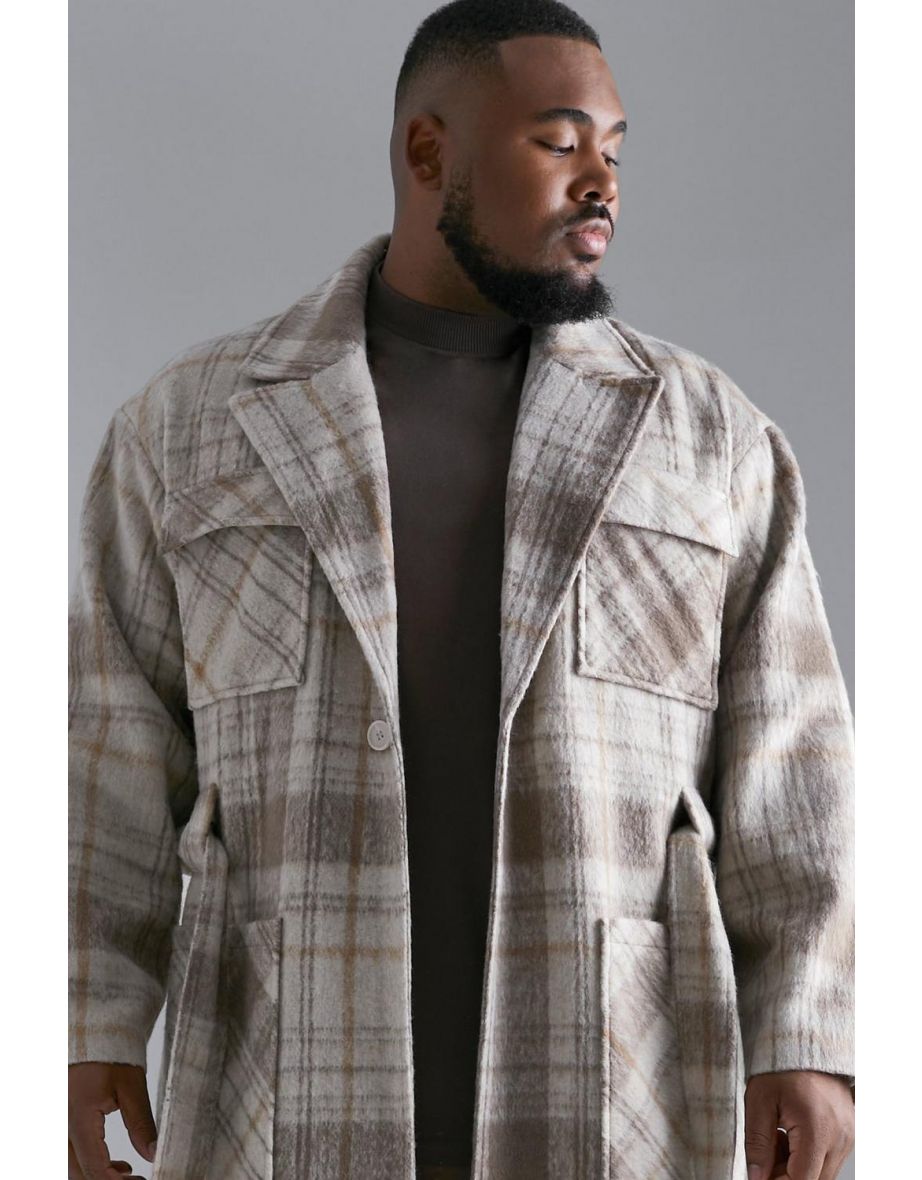 Plus Wool Look Check 4 Pocket Long Overcoat - stone - 2