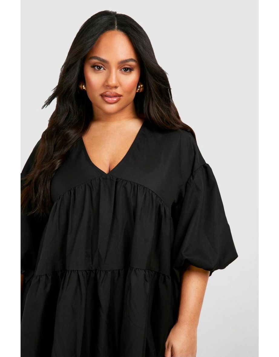 Plus Poplin V Neck Tiered Smock Dress - black - 3