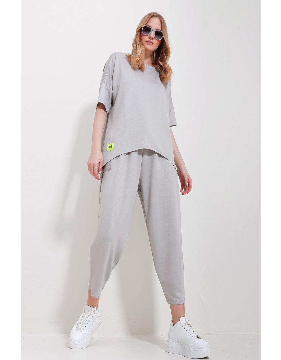 Women's Stone Crew Neck Asymmetric Cut Coated Blouse And Pants Suit