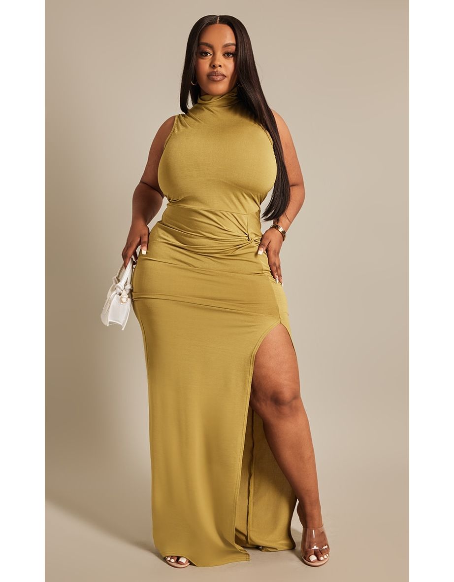 Plus Olive High Neck Knot Waist Detail Maxi Dress