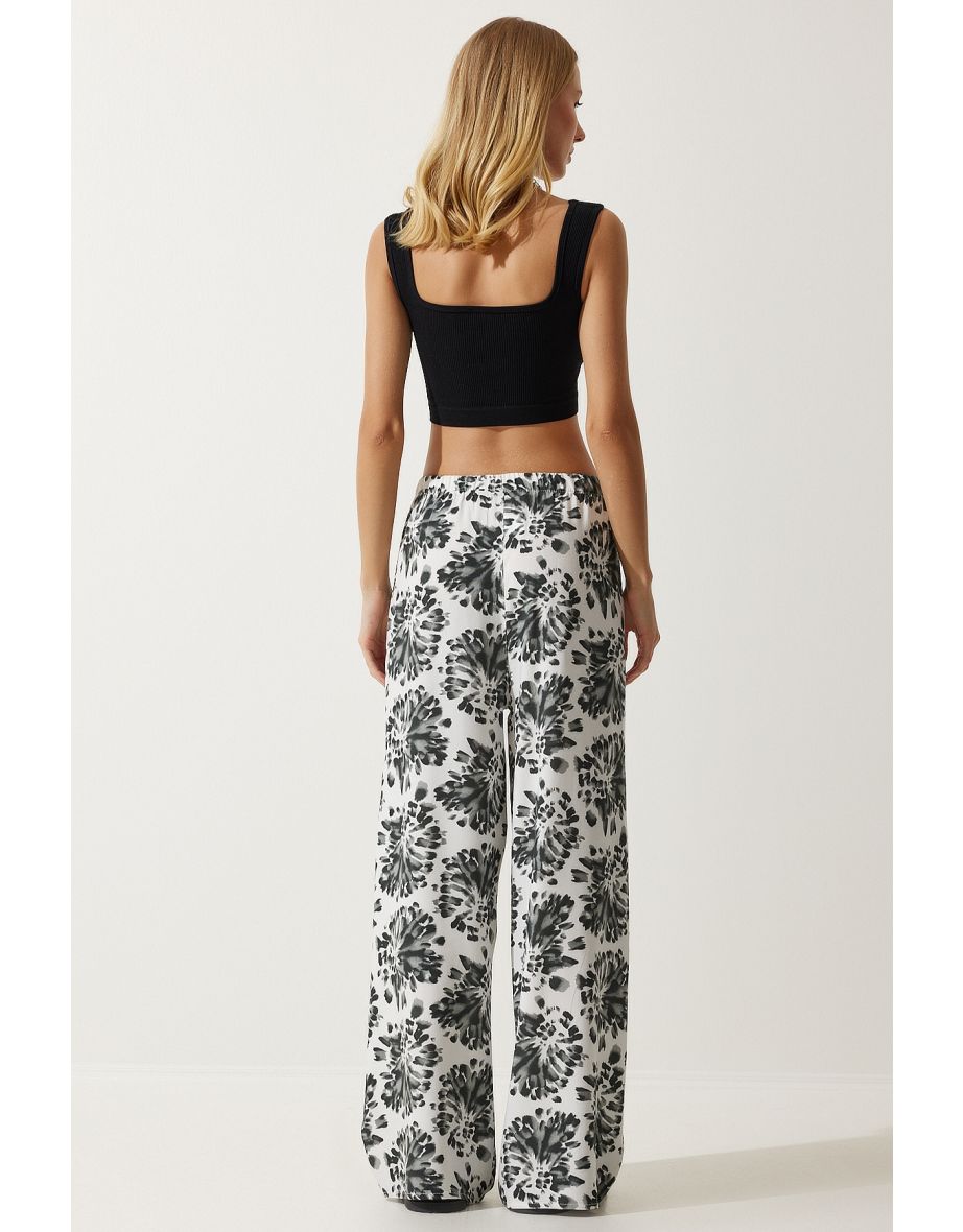 Women Ecru Black High Waist Summer Wide Viscose Trousers - 5