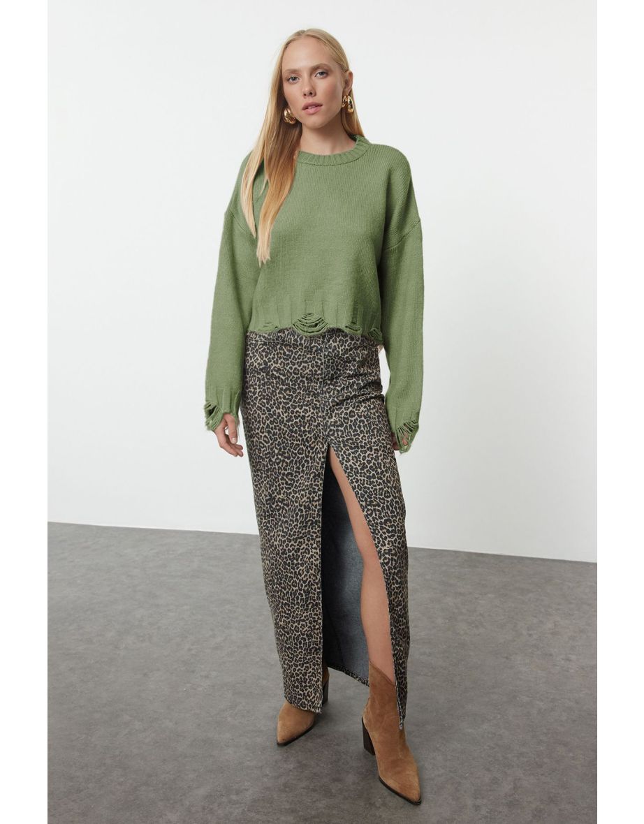 Khaki Crop Super Wide Pattern Soft Texture Knit Sweater
