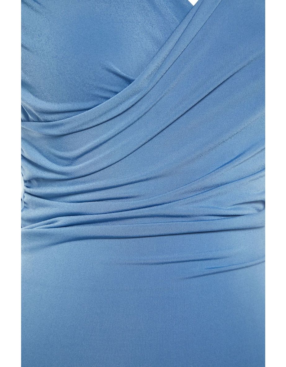 Indigo Padded Drape Detailed Fitted Flexible Snap Fastener Knitted Body - 7