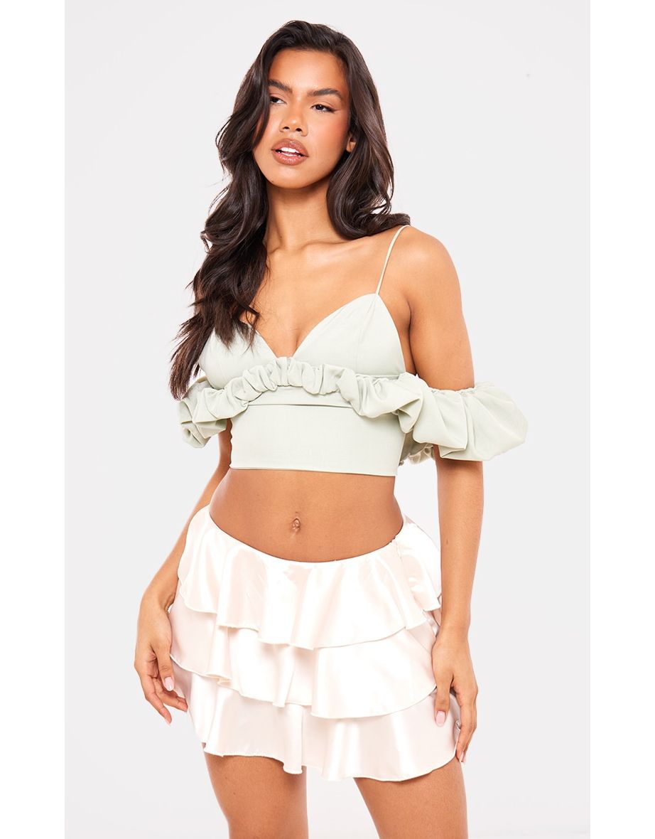 Prettylittlething Green Ruffle Crop Top