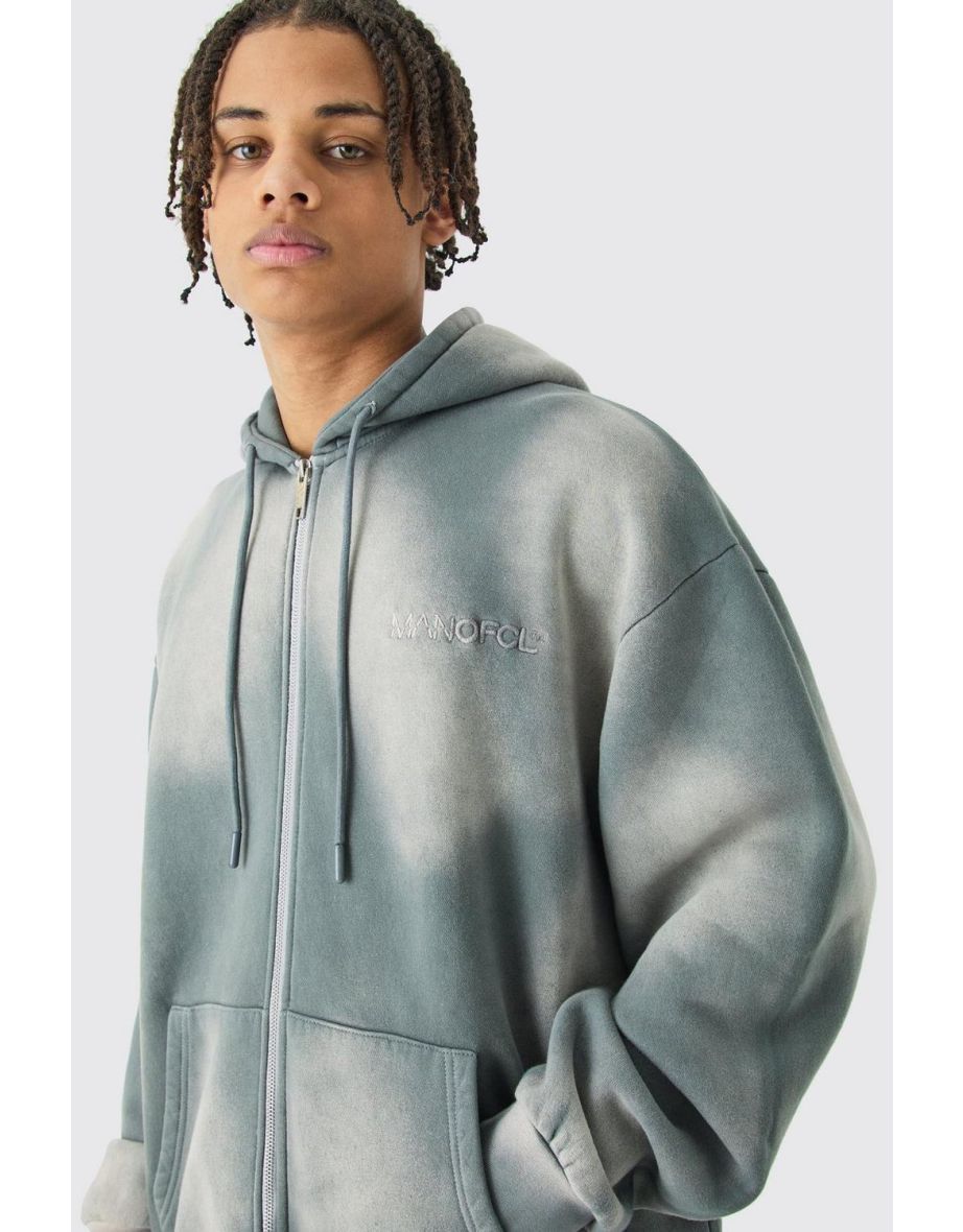 Man Oversized Sun Bleach Washed Zip Through Hoodie - grey - 2