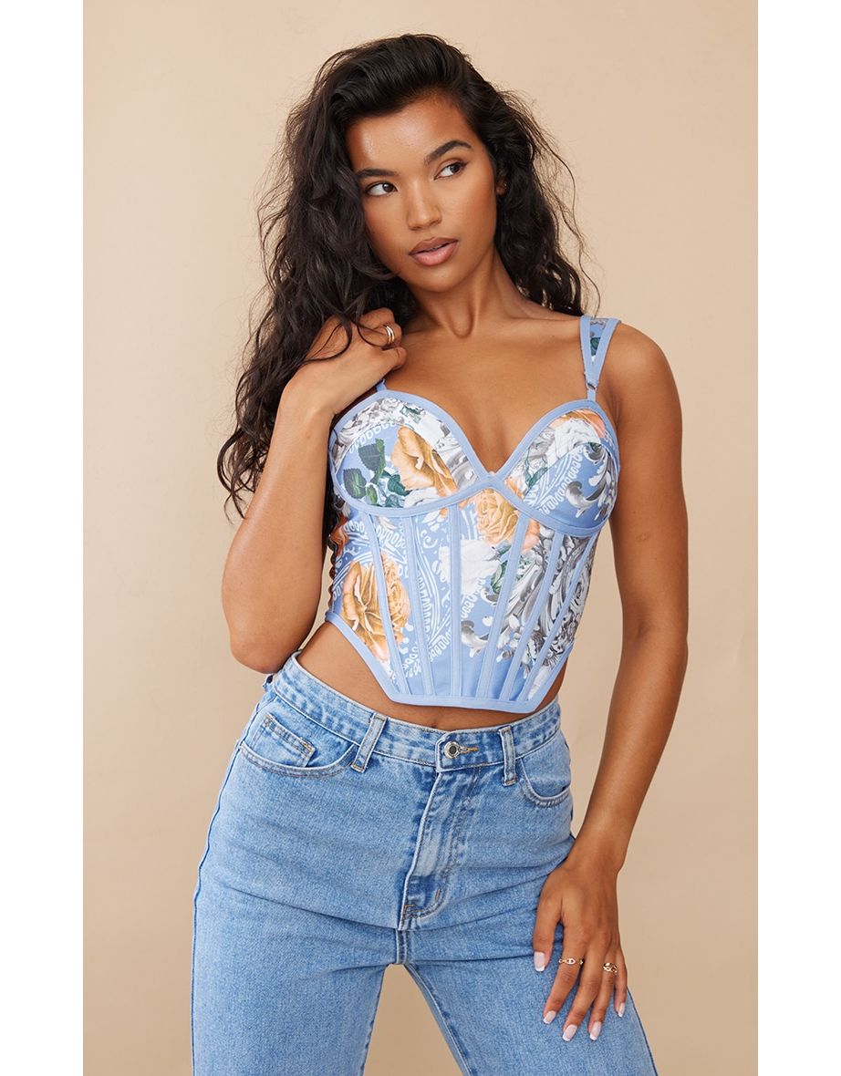Bright Blue Strappy Pleated Bust Corset Detail Crop Top