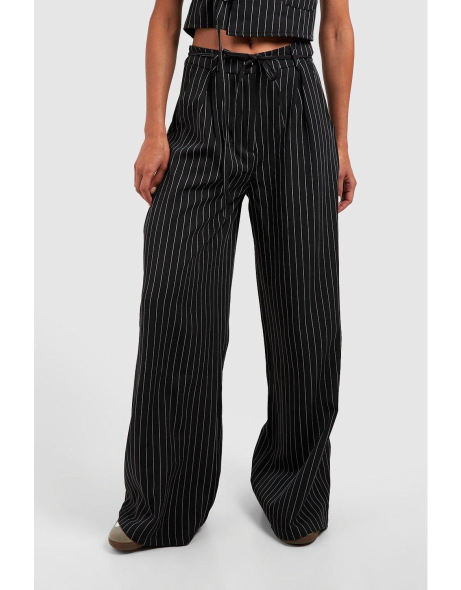 Pinstripe Tie Waist Tailored Wide Leg Trousers - black - 3