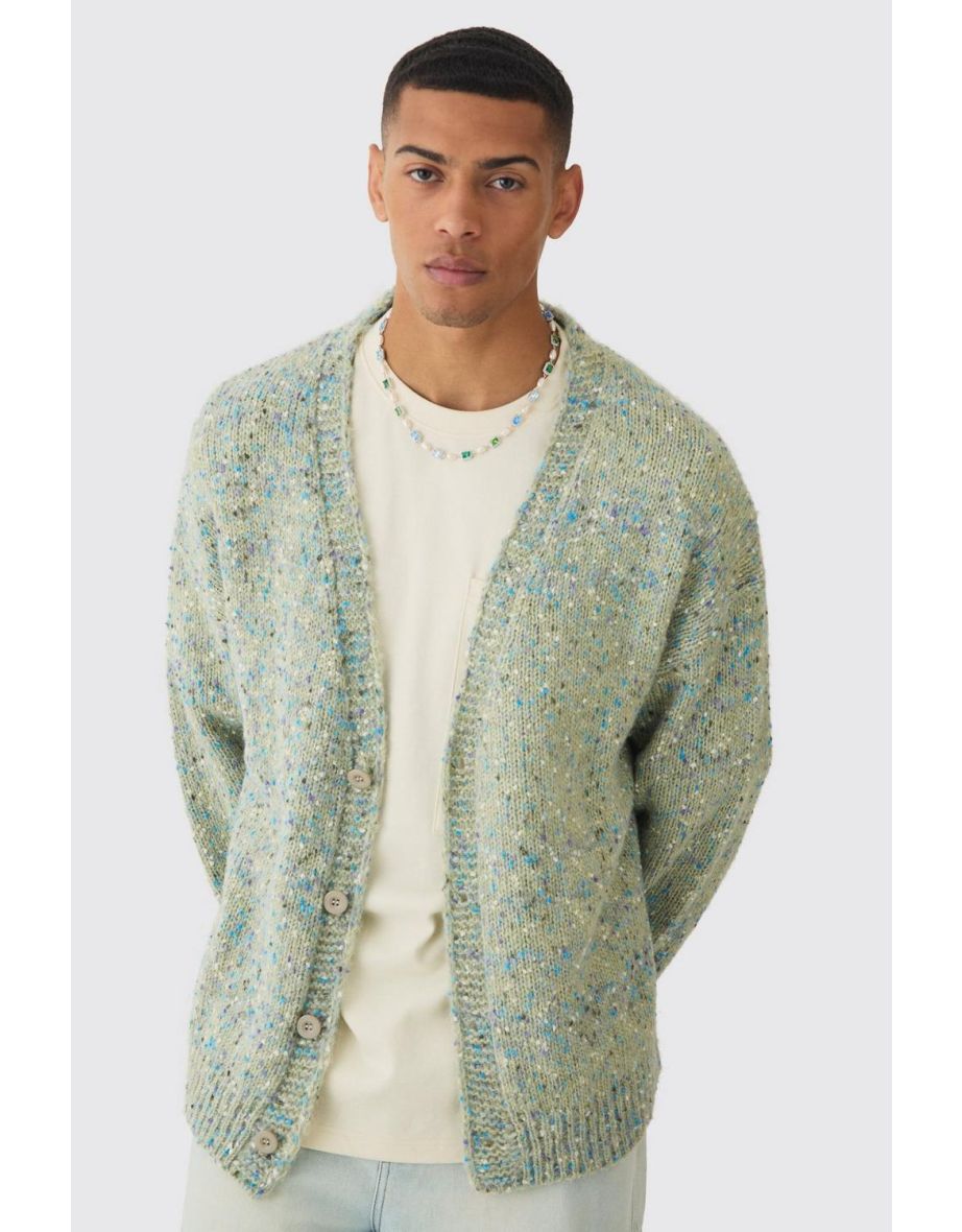 Oversized Textured Brushed Knitted Cardigan - khaki