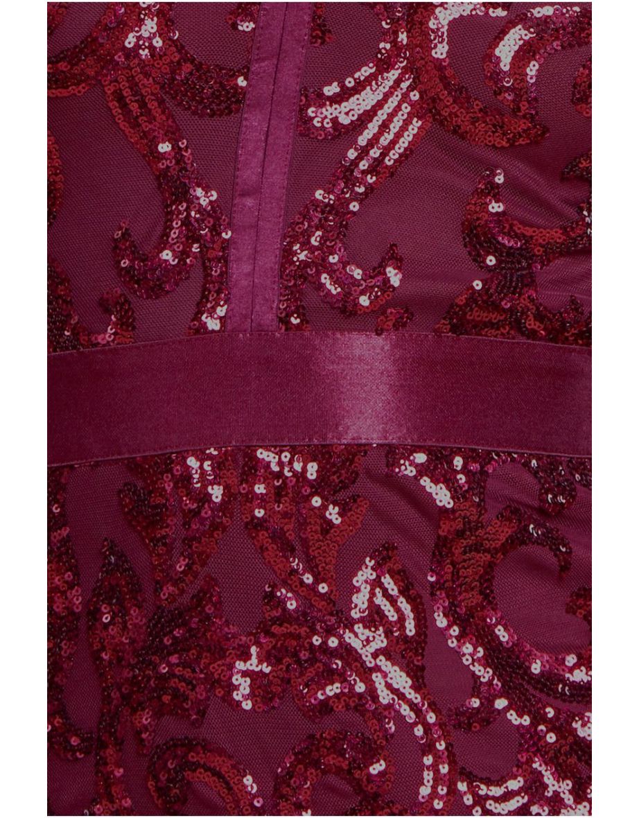 Goddiva Sequin & Mesh Midi Dress - Burgundy - 3