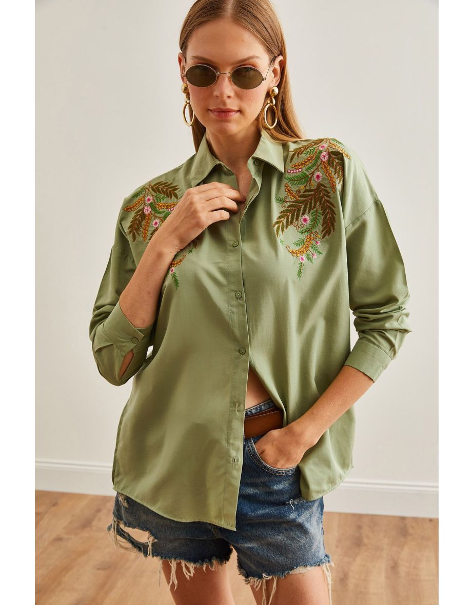 Women's Leaf Mold Green Embroidery Detailed Oversize Woven Shirt