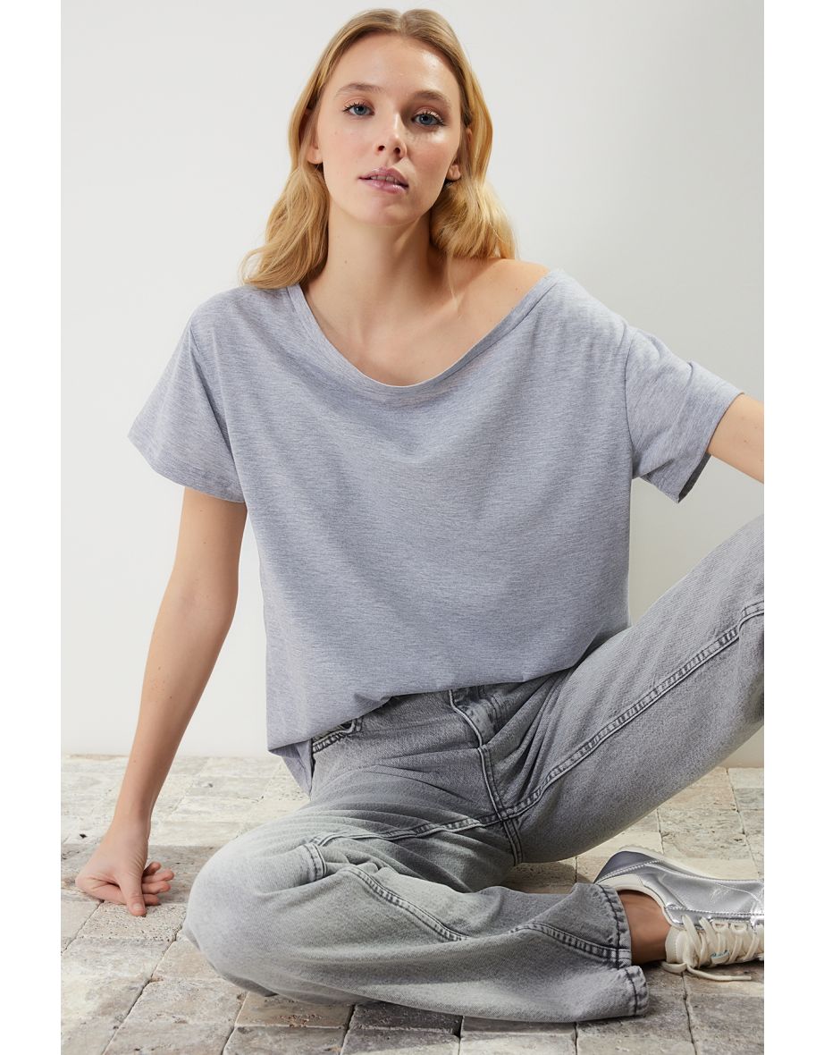 Gray Melange Cotton Boyfriend/Wide Cut Boat Neck Knitted T-Shirt - 7