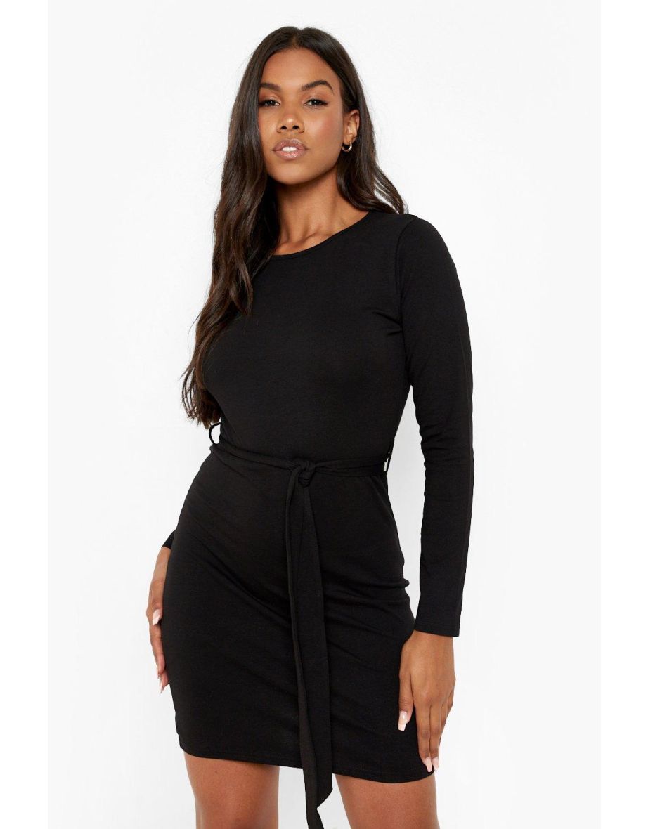 Long Sleeve Belted Mini Dress - black