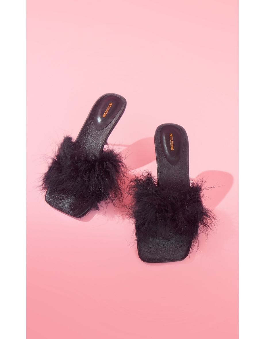 Black Satin Square Toe Feather Low Heeled Mule Sandals - 3