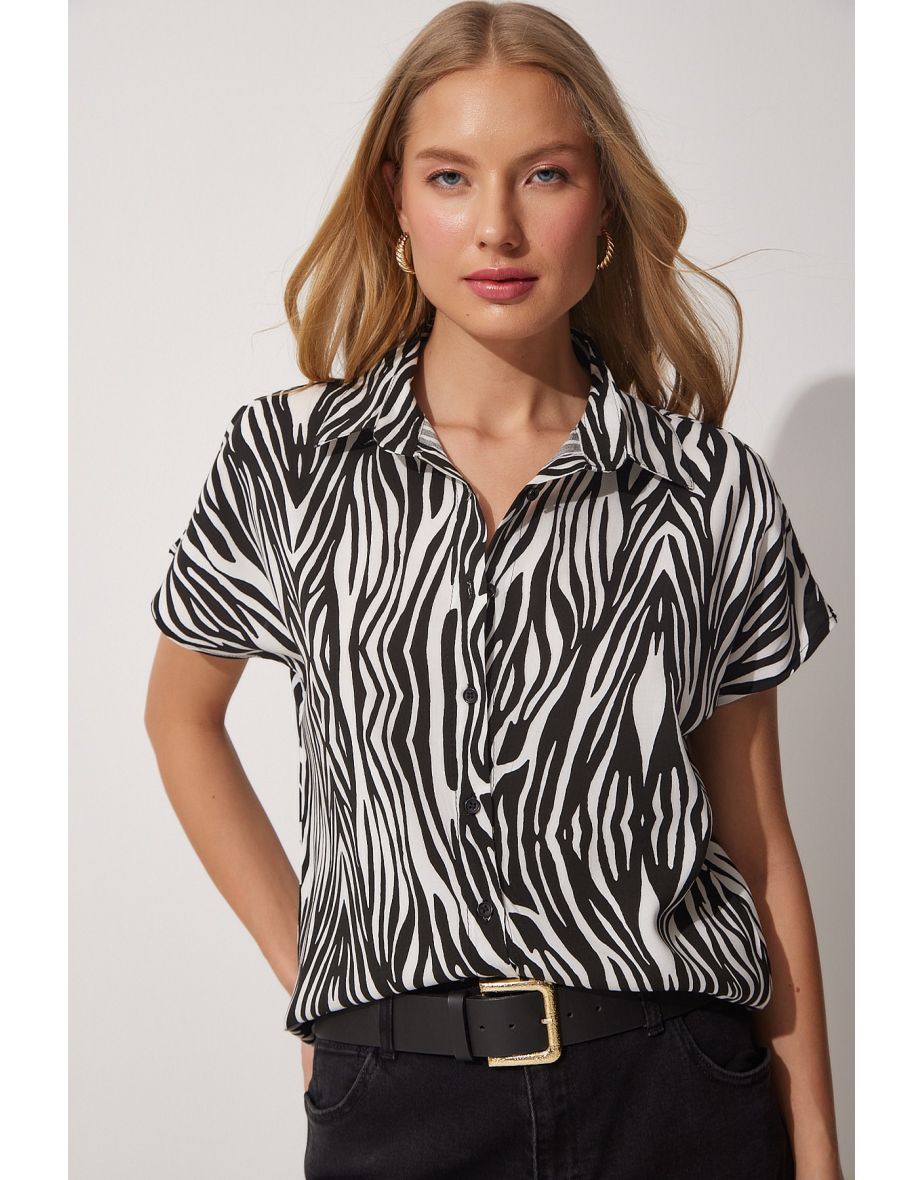 Women's Black and White Short Sleeve Viscose Shirt