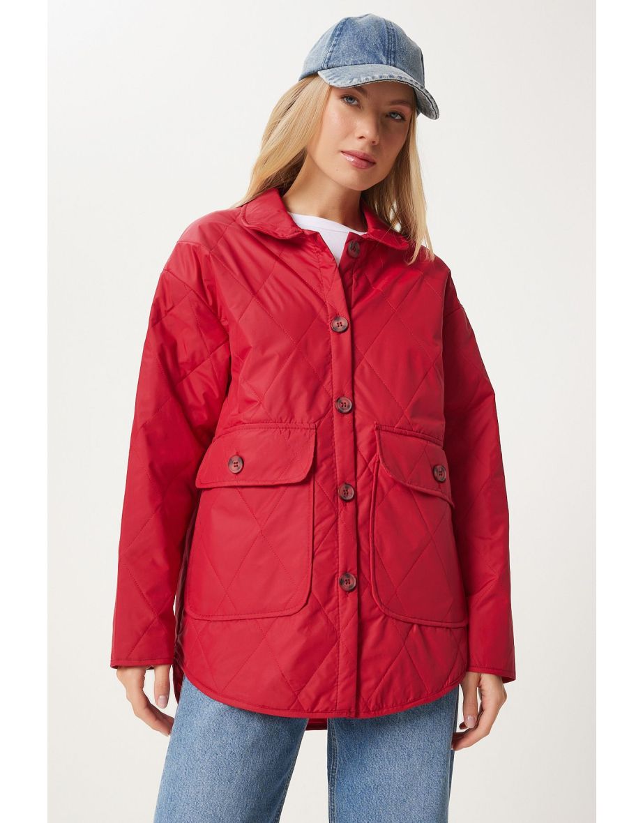 Women's Red Pocket Oversize Quilted Jacket