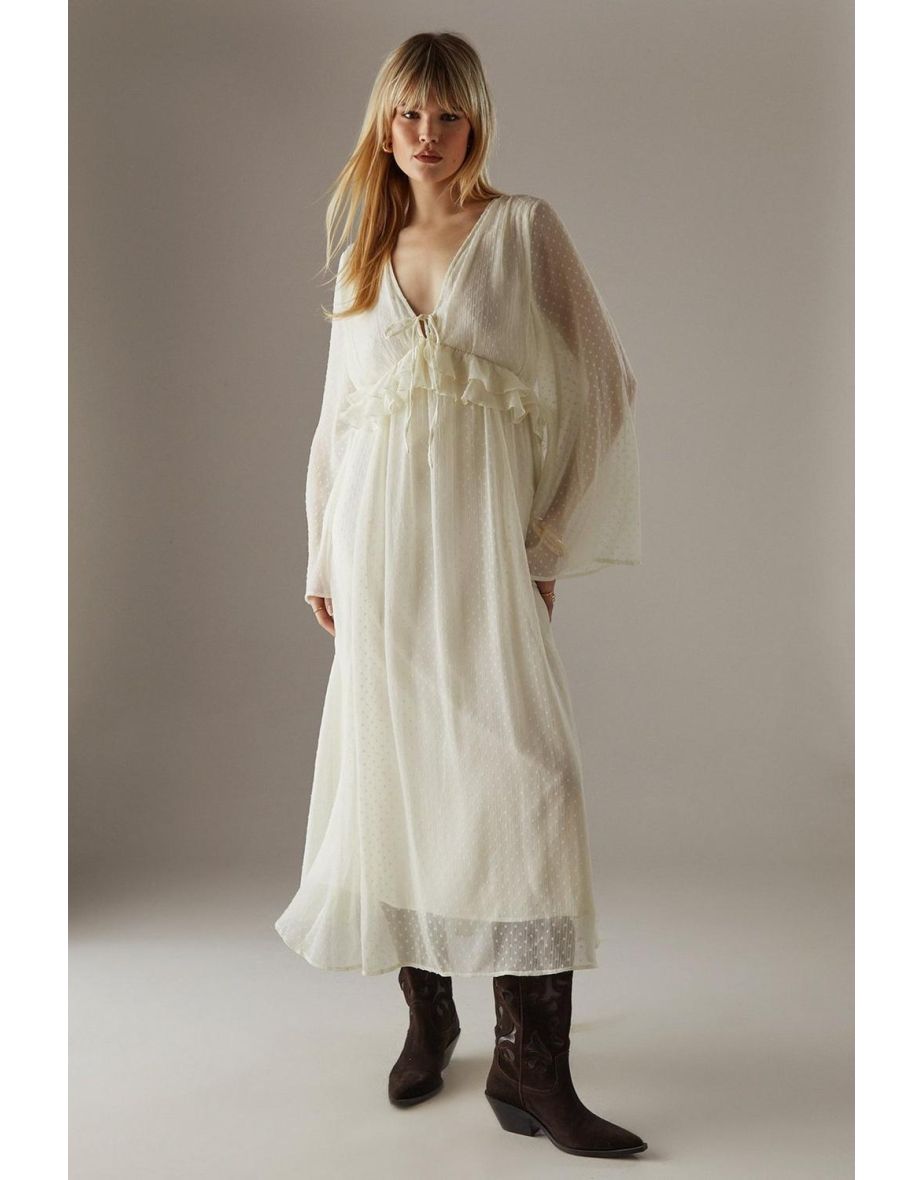 Dobby Chiffon Plunge Neck Ruffle Midi Smock Dress