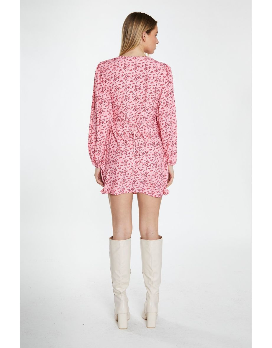 Raspberry Ditsy V-Neck Wrap Mini Dress - 3