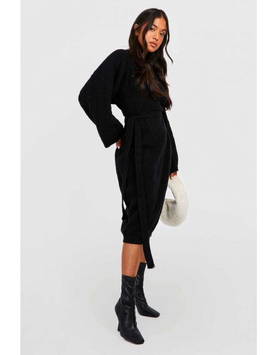 Petite Cable Knit Batwing Belted Jumper Dress - black