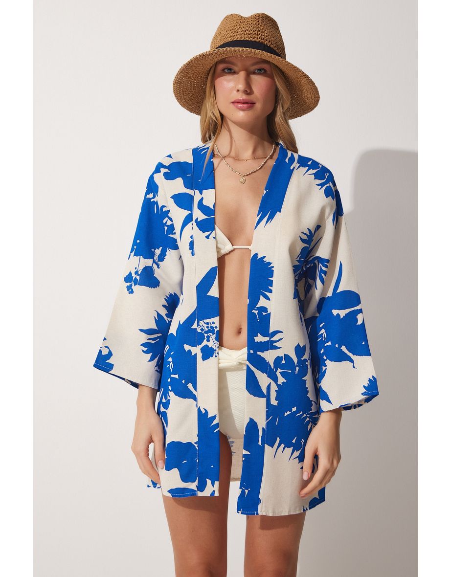 Women's Beige Blue Patterned Linen Viscose Kimono
