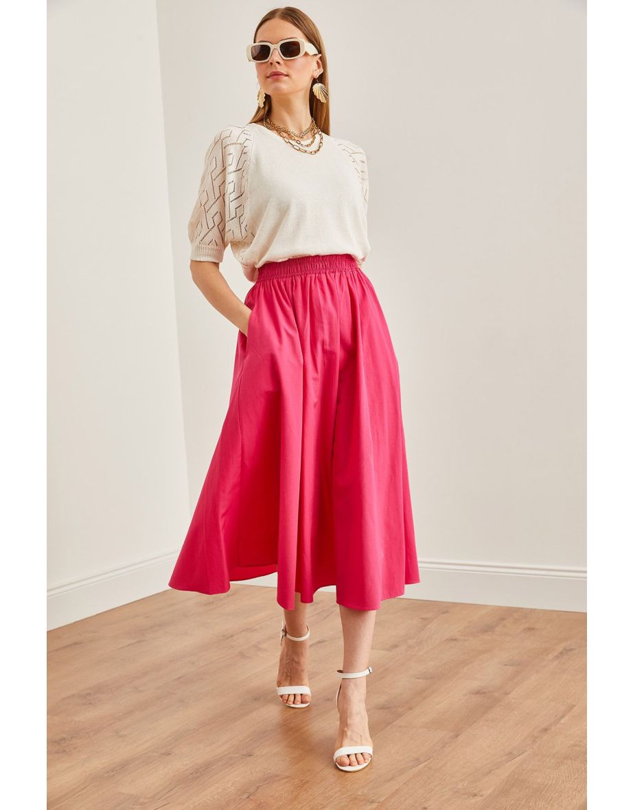 Women's Fuchsia Pocketed Elastic Waist Midi Woven Bell Skirt - 4