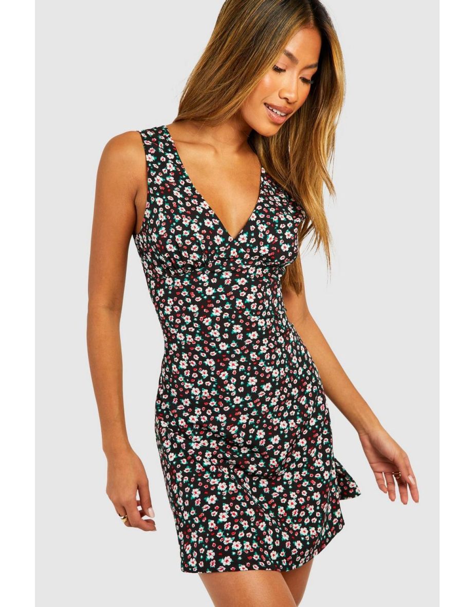 Ditsy Floral Plunge Mini Dress - black