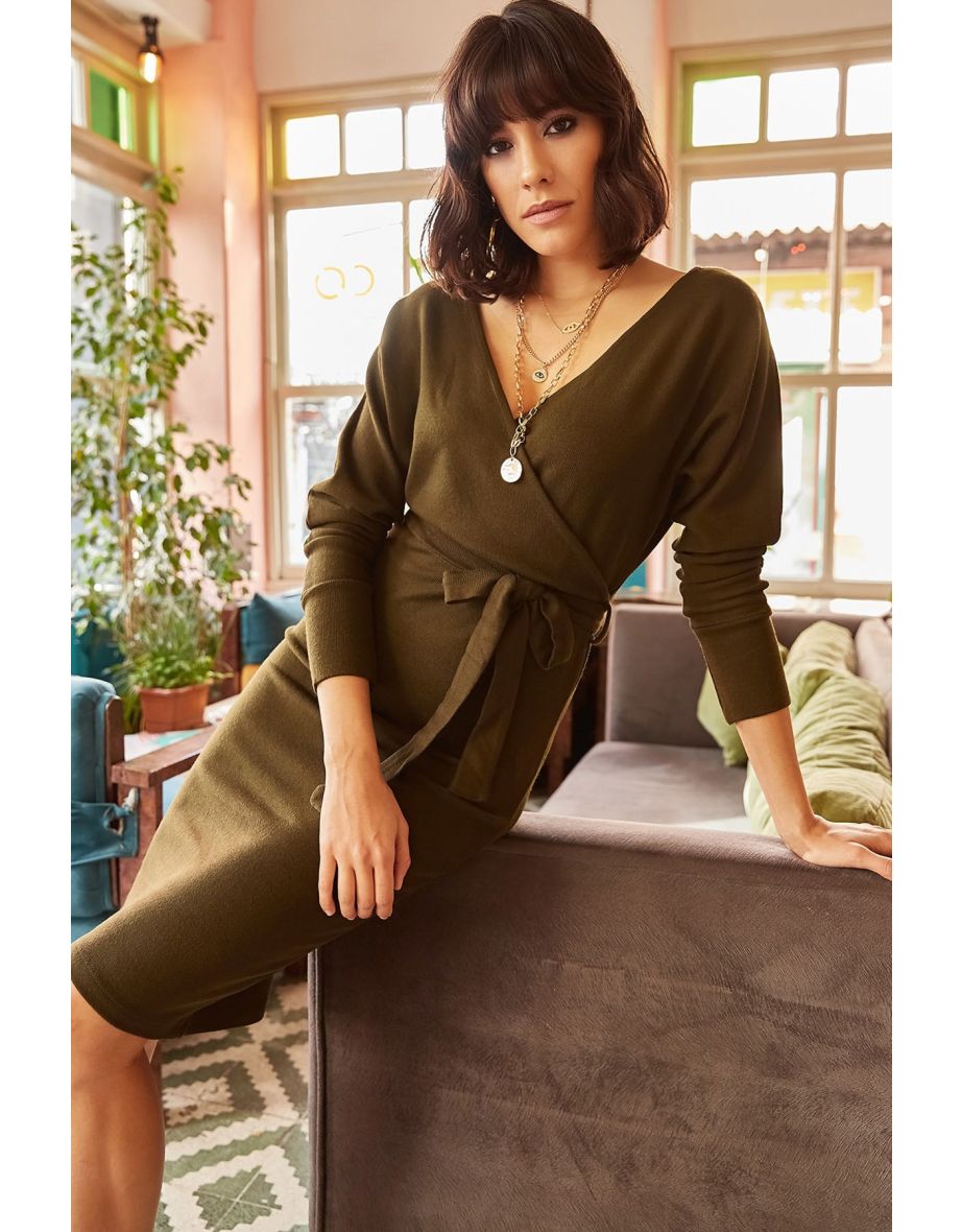 Women's Khaki Double Breasted Belted Knitwear Dress
