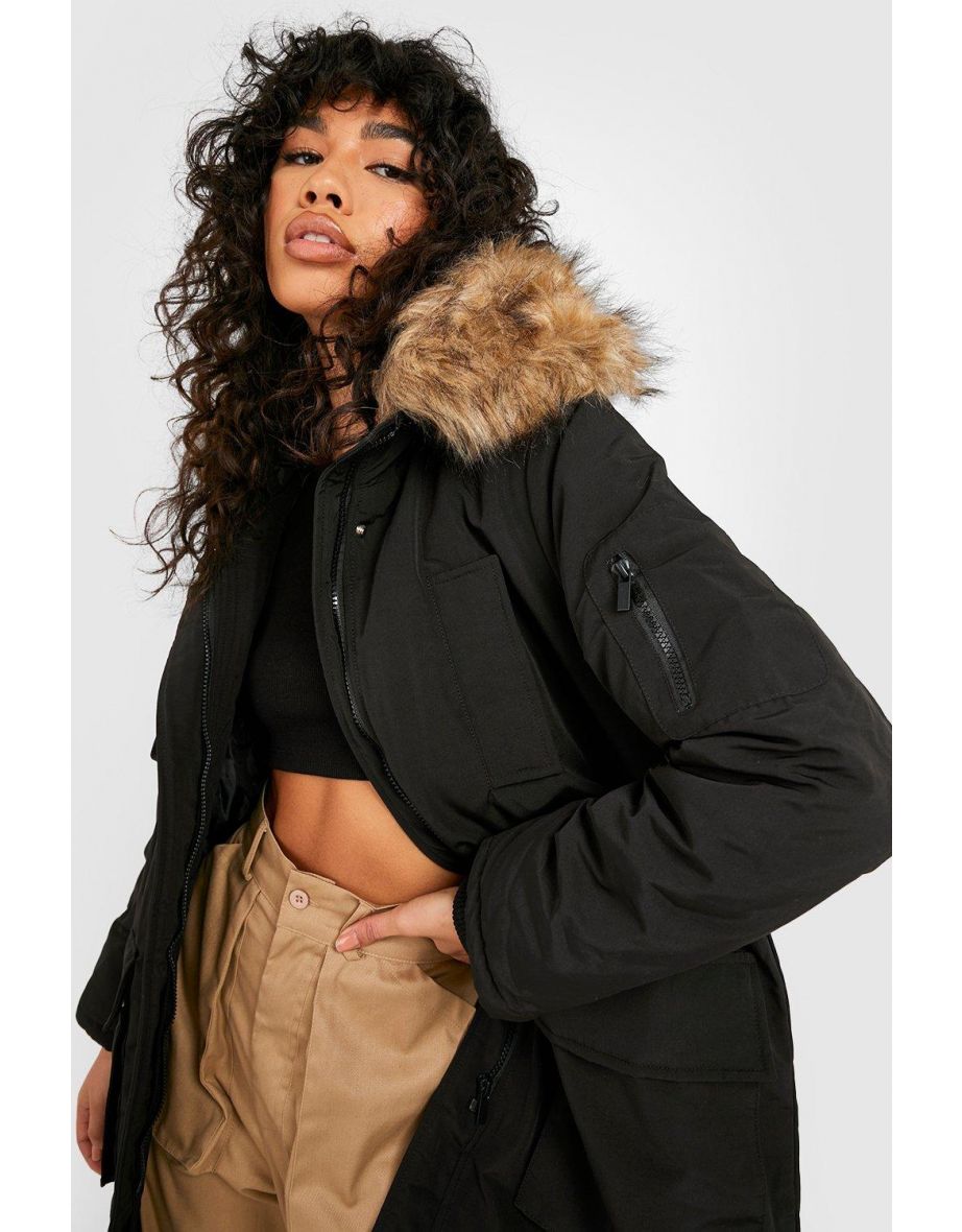 Faux Fur Trim Parka Coat - black - 3