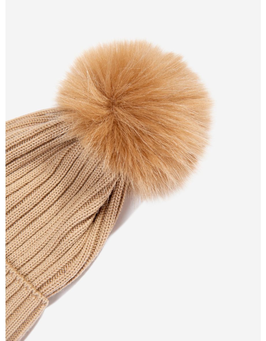 Girls Wool Pom Pom Hat in Brown - 3