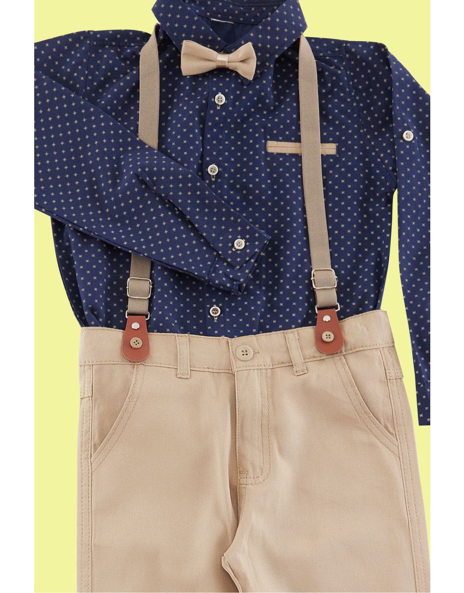 Navy Blue Boy Bow Tie Polka Dot Shirt Trousers Suspender Set