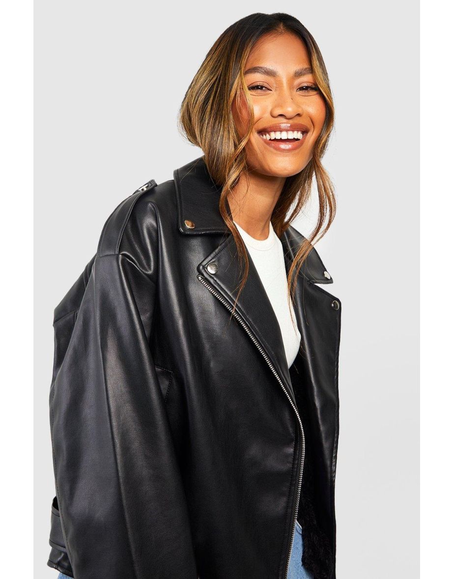 Fur Lined Biker Jacket - black - 3