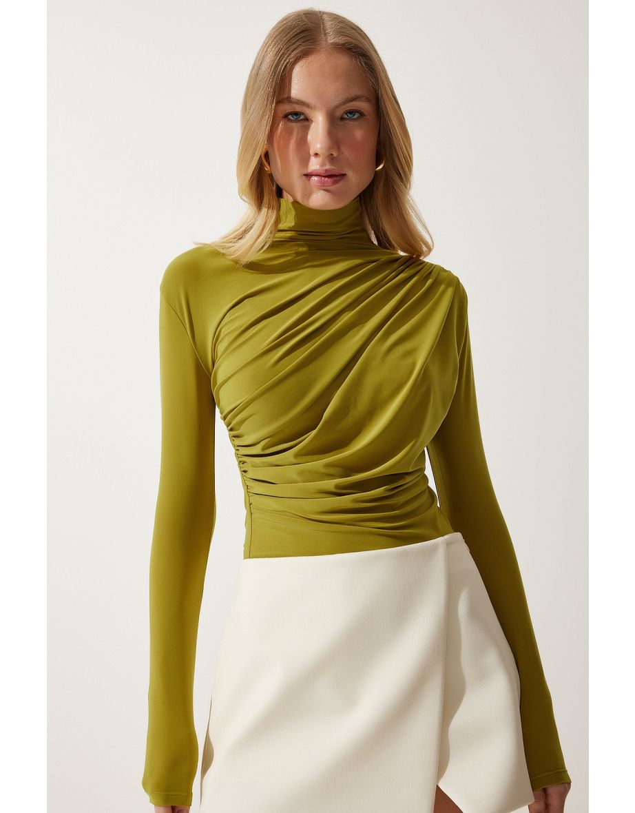 Women's Oil Green Gathered Detailed High Neck Sandy Blouse